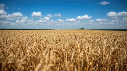 Naklejka premium Sunlit wheat crops with a bright sky background