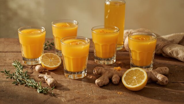 Nutritious ginger and turmeric shot drink concept