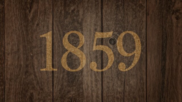 Antique style golden numbers 1859 displayed over a gradient wood texture from dark brown to white.