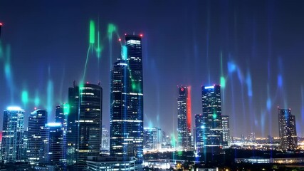 Night cityscape with glowing financial charts - Powered by Adobe