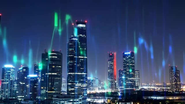 Night cityscape with glowing financial charts - Powered by Adobe