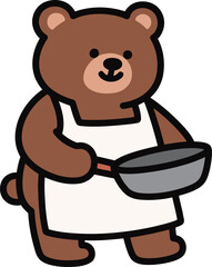 Cute bear cartoon illustration wearing an apron and holding a frying pan, ready for cooking and baking.