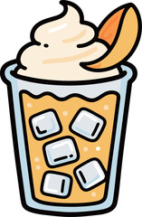 Refreshing mango iced tea illustration with ice cubes, a creamy topping, and a slice of peach, perfect for a hot summer day.