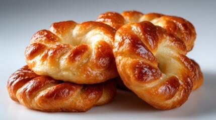 A delicious stack of golden-brown twisted pastries, showcasing their shiny, crispy exterior and soft doughy center, perfect for any dessert lover's collection of treats.