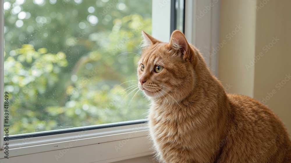 Poster rust-colored cat looking out from the window
