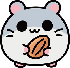 Cute hamster cartoon character with chubby cheeks, holding and eating a large almond with a happy expression.