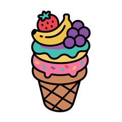 Colorful fruit-topped ice cream cone illustration with multiple scoops, sprinkles, and a strawberry, banana, and grapes.