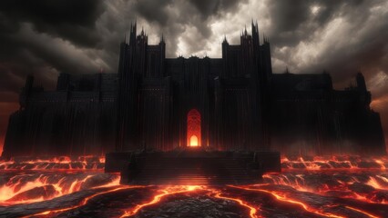 Dark fortress on fiery lava