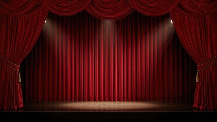 Luxurious performance space highlighted by a spotlight on red curtains. Perfect for a cabaret or nightclub event. Presentation background of classic theatrical arts.