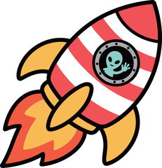 Striped cartoon rocket ship illustration with a porthole, and a little alien waving from inside, ready for a space adventure.
