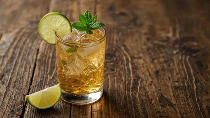 Glass of Golden Beer Cocktail Featuring Ginger Ale, Lime, Lemon, and Mint on Wooden Table with Room for Text