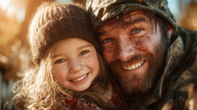 A heartwarming portrait of a smiling father and daughter embracing the outdoors, radiating joy, love, and the beauty of familial connection in a serene environment.