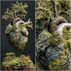 Mossy Bonsai Tree Heart Sculpture, Studio Shot, Nature Theme, Fantasy Art