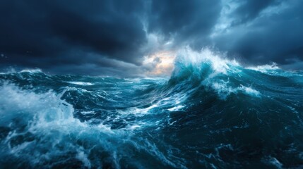Fototapeta premium This powerful image depicts tumultuous ocean waves crashing vigorously under a dark, stormy sky, capturing the raw, majestic forces of nature in a thrilling display.