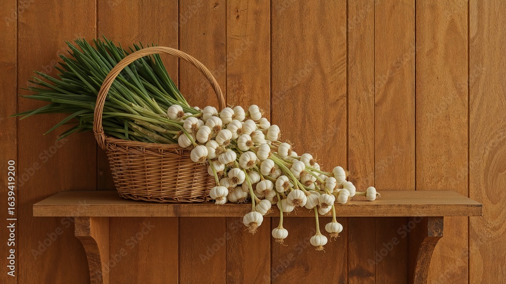 Poster garlic bulbs weighed on a scale beside a basket resting on a wooden surface. a rustic wooden backdro