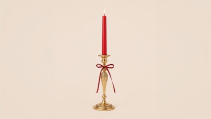 Golden candle holders adorned with red candles and ribbons tied around their slender stems.