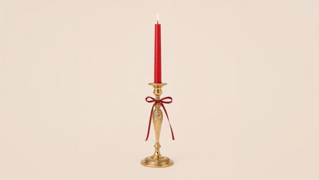 Golden candle holders adorned with red candles and ribbons tied around their slender stems.