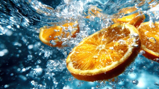 Sliced oranges submerge in crystal-clear water, their zesty segments creating a refreshing visual explosion that captures the essence of vitality and the joy of natural flavors.