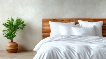 A serene bedroom setting featuring plush white linens and a natural wooden headboard, promoting feelings of comfort and relaxation in an inviting and stylish environment.