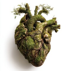 Mossy heart sculpture, nature art, white background, environmental message, health concept