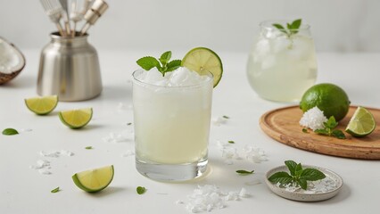 Homemade lime margarita featuring coconut milk and fresh mint, accompanied by bar utensils on a white kitchen countertop