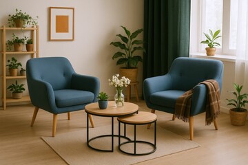 Cozy Living Room Scene Featuring Two Blue Armchairs, Nesting Coffee Tables, and Abundant Greenery