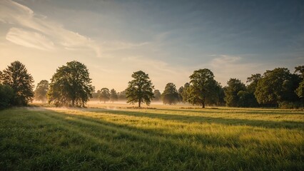 Obraz premium Grassy meadow beside a tranquil stream in the countryside