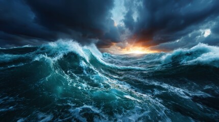 Powerful ocean waves crash against each other under a moody sunset sky, evoking feelings of awe and respect for nature's raw power and beauty in a dynamic seascape.