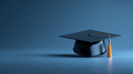 Education and graduation concept with a 3D rendering of a graduation cap on a blue background, leaving space to add text about taking a course, educating, or studying in realistic 3D shapes.

