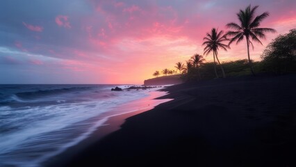 Dramatic sunset over black sand beach
