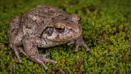 Obraz premium Close-up of a Megophrys nasuta toad resting on vibrant green moss