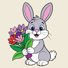 Fototapeta premium An illustration of a fluffy Easter bunny with an Easter egg, surrounded by colorful flowers