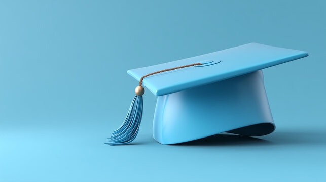 3D rendering of a graduation cap on a blue background illustrates the education and graduation concept, with an area to enter text about take course, educate, or study in realistic 3D shapes.

