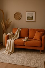 Cozy Living Room Scene Featuring an Orange Sofa with a Cream Throw, Book, and Mug, Evoking Warmth and Relaxation