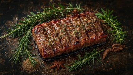 Overhead perspective of lamb ribs coated in herbs and spices on a vintage wooden kitchen table