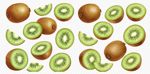 A vibrant collection of whole, halved, and sliced kiwi fruits, showcasing their brown skin and green flesh.