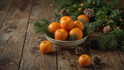 Holiday decorations featuring citrus fruits, evergreen sprigs, and pine cones on a vintage backdrop.