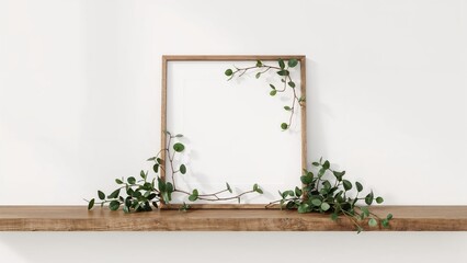 Square wooden frame mockup with home decorations, greenery, and branches on a wooden shelf by a white backdrop. Blank space included.