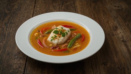 Close-up of fish stew with bell peppers in a spicy coconut curry served on a plate
