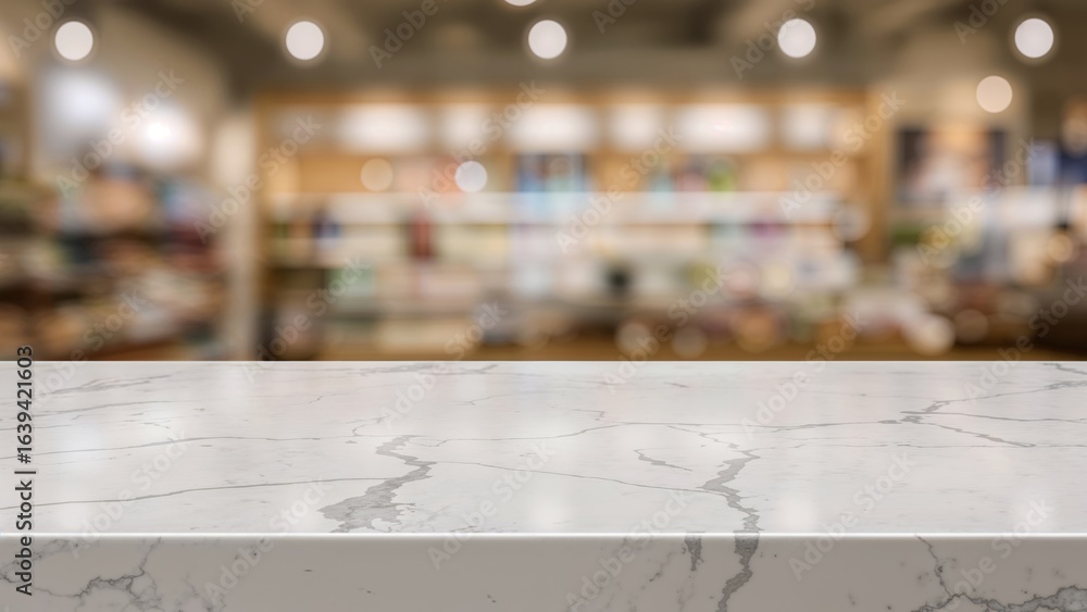 Poster smooth marble slab highlighted by a dreamy background with bokeh effects for displaying items