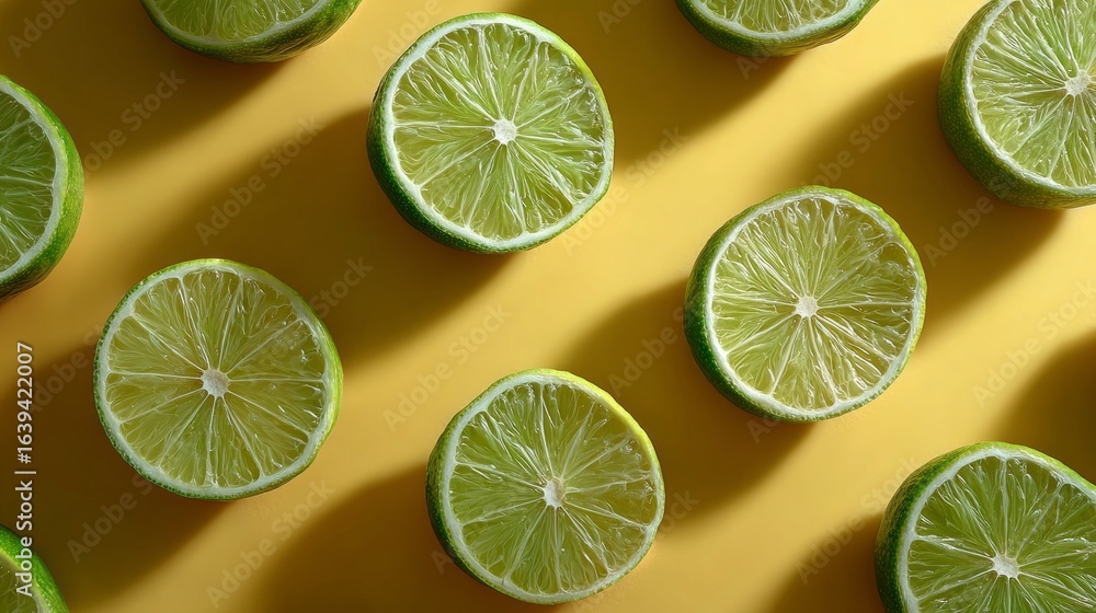 Poster green lime slices create a vibrant pattern on a bright yellow background for a refreshing look
