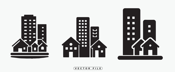 Fototapeta premium Black and white cityscape icons with houses and skyscrapers in vector format