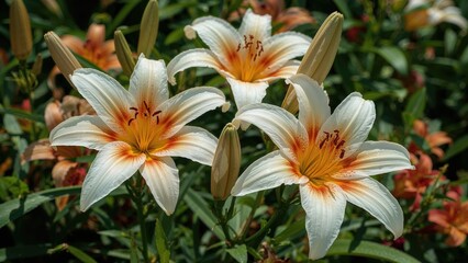 Fototapeta premium Summer garden showcasing bright daylilies in full bloom