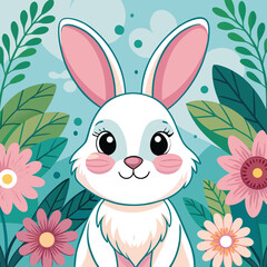 The image shows a whimsical easter bunny with colorful flowers