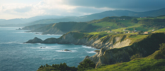 AI generator image of Summer ocean bay coastline, panorama National Seashore Breathtaking views of mountains, cliffs, and beautiful coastline.