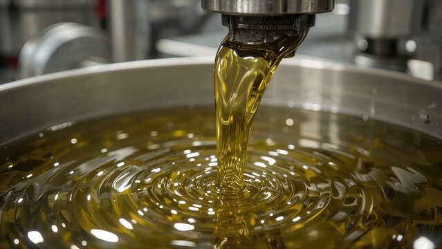 Industrial Procedure for Crafting High-Quality Olive Oil. Olive Oil Streaming from Centrifuge Outlet. Text Placeholder
