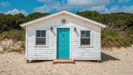Old-fashioned pale beach house adorned with a cyan door