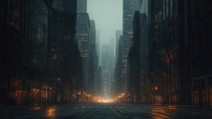 Fototapeta premium Empty Metropolis Street at Dusk, Mysterious Urban Landscape