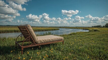 Obraz premium Antique wooden reclining chair set on grass near a bright and sunny river edge
