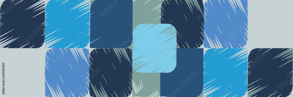 Poster abstract design featuring rounded squares in shades of blue with white scratch marks on a light gray